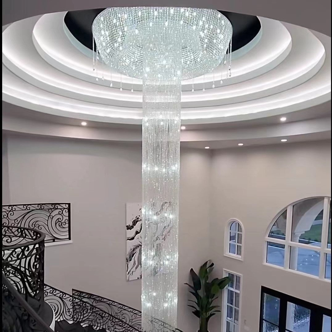 Extra Large Flush Mount Silver Waterfall Luxury Ceiling Crystal Chandelier for High - ceiling Living Room/Duplex Hall - lampmodern