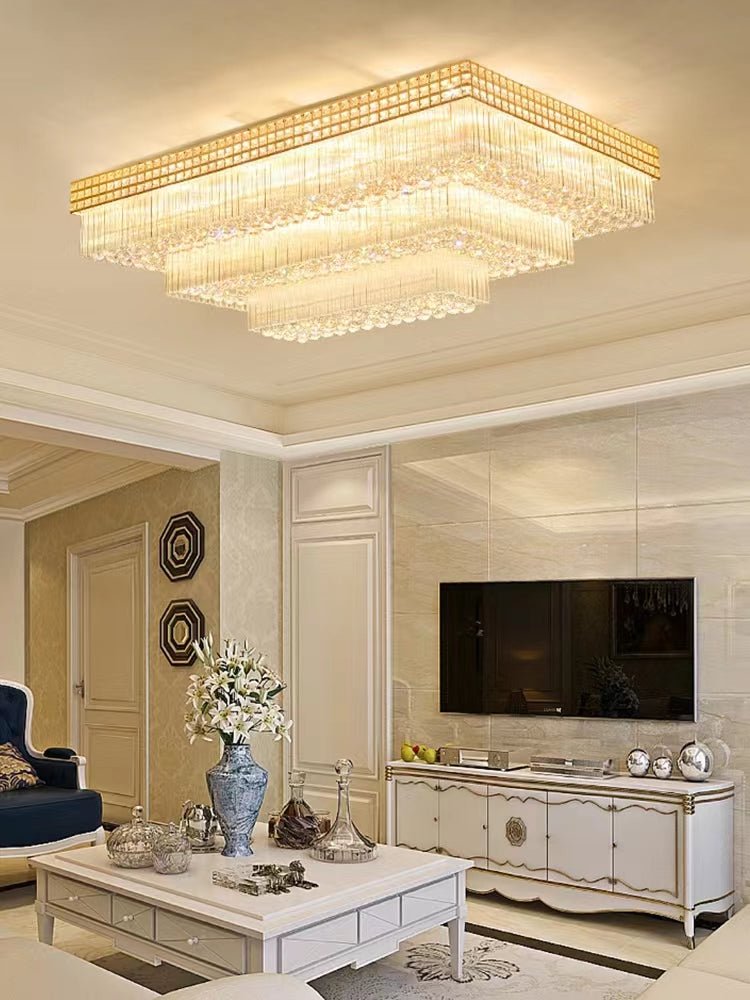 Extra Large Three Layers Rectangular Luxury Flush Mounted Crystal Chandelier for Living Room - lampmodern
