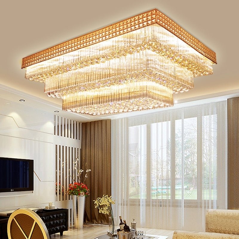 Extra Large Three Layers Rectangular Luxury Flush Mounted Crystal Chandelier for Living Room - lampmodern