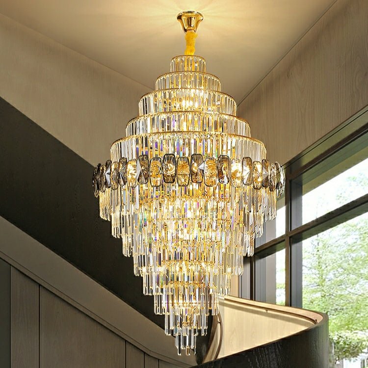Fashion Large Staircase Chandelier For Foyer Living Room Entrance Crystal Ceiling Light Fixture In Gold Finish - lampmodern