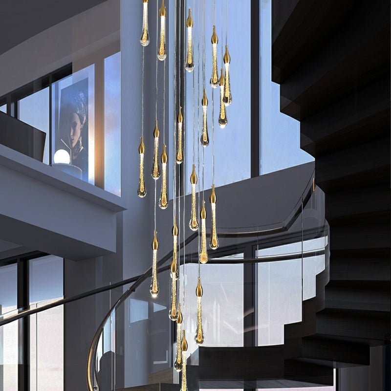 Foyer Glass Drops Pendant Chandelier Spiral Staircase High Ceiling Light Fixture In Gold Finish - lampmodern