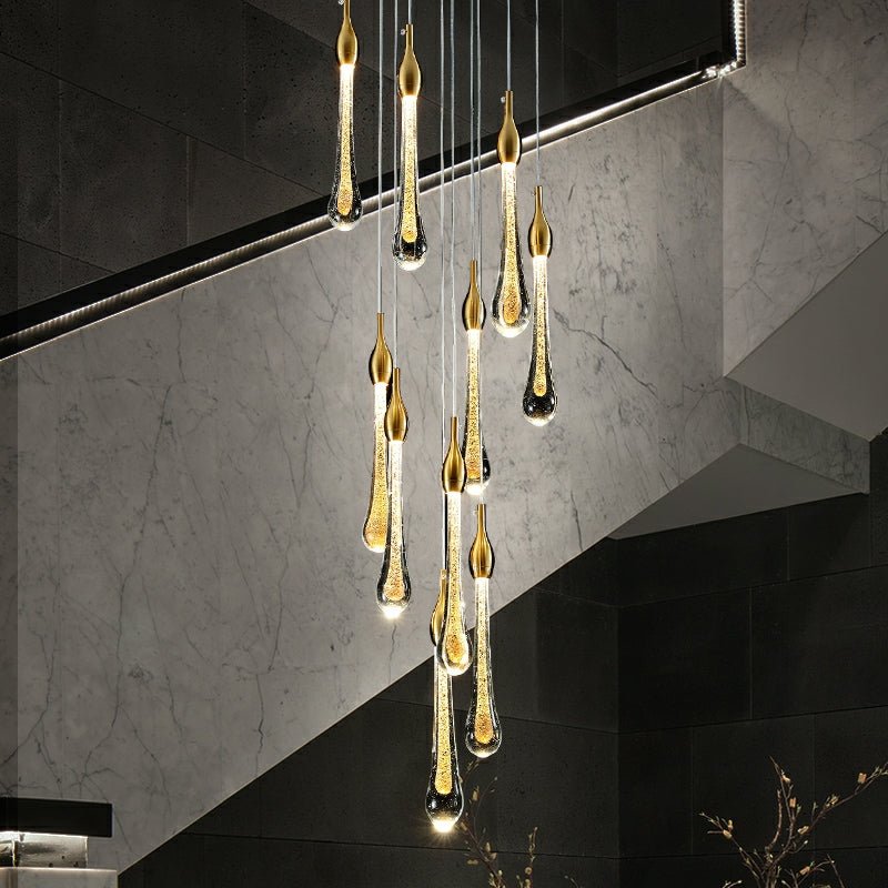 Foyer Glass Drops Pendant Chandelier Spiral Staircase High Ceiling Light Fixture In Gold Finish - lampmodern