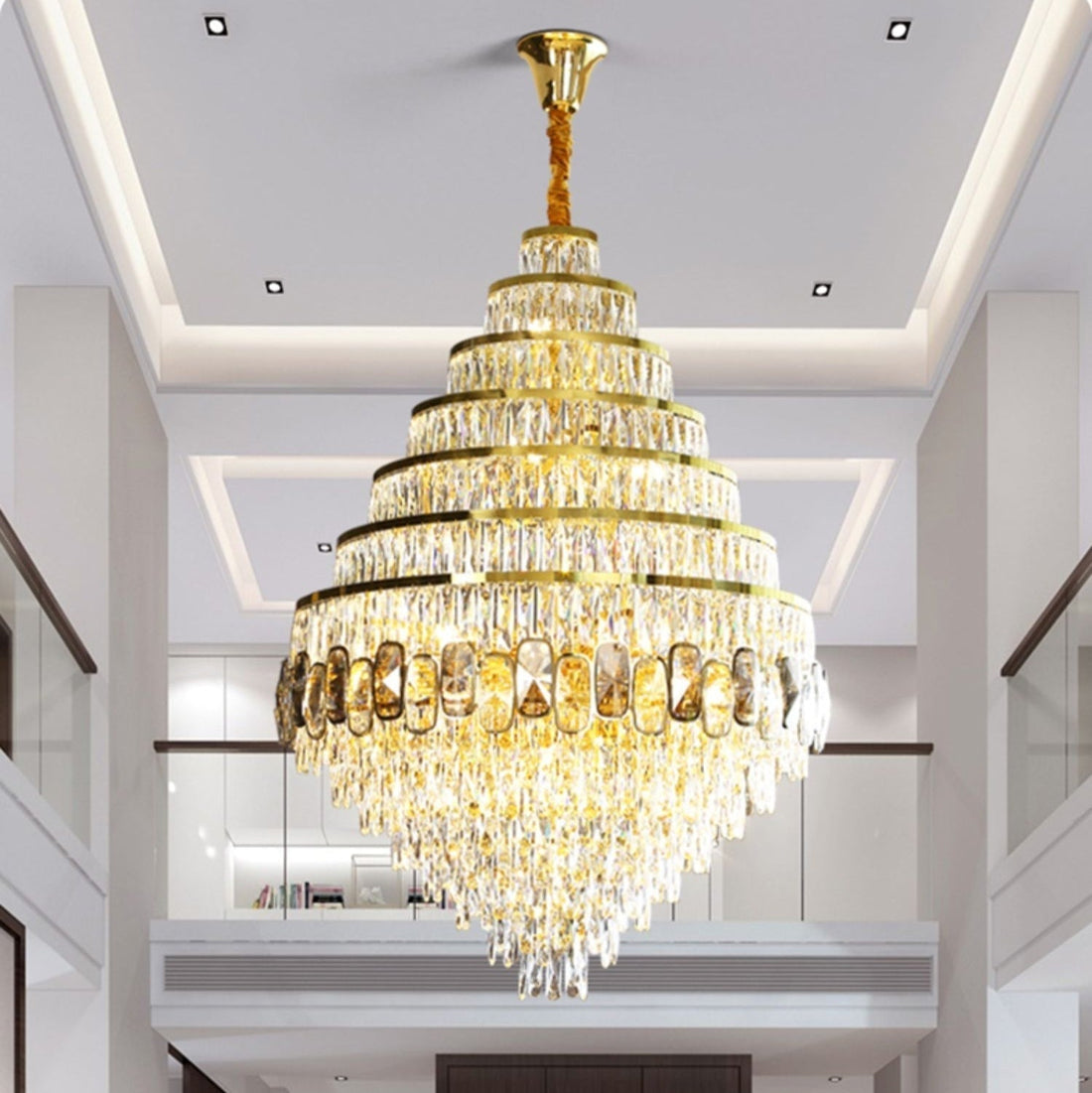 Honeycomb Shaped Ceiling Chandelier Extra Large Crystal Light Fixture For Foyer Staircase/ Entryway In Gold Finish - lampmodern