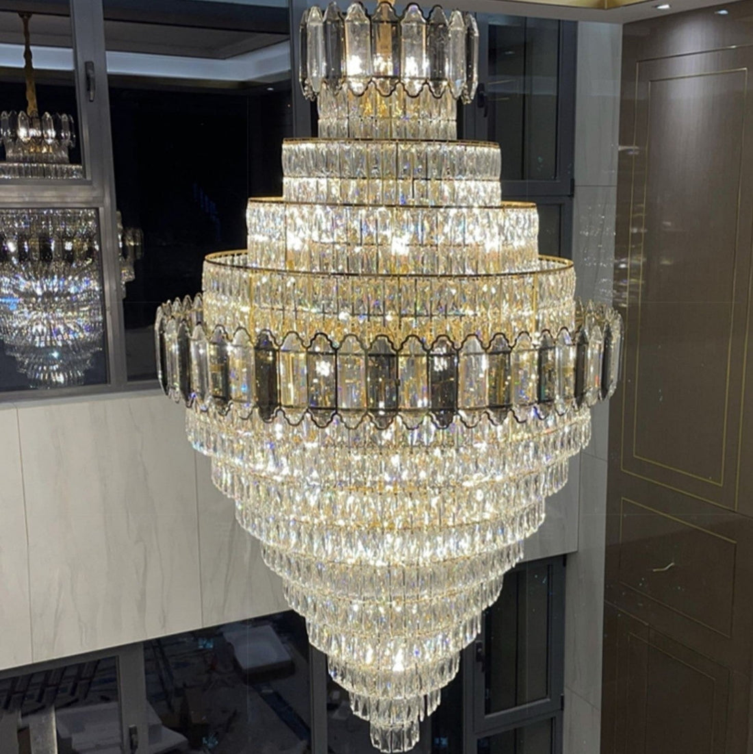 Large Staircase Crystal Chandelier Living Room Ceiling Light Fixture For Hotel Entrance In Gold Finish - lampmodern