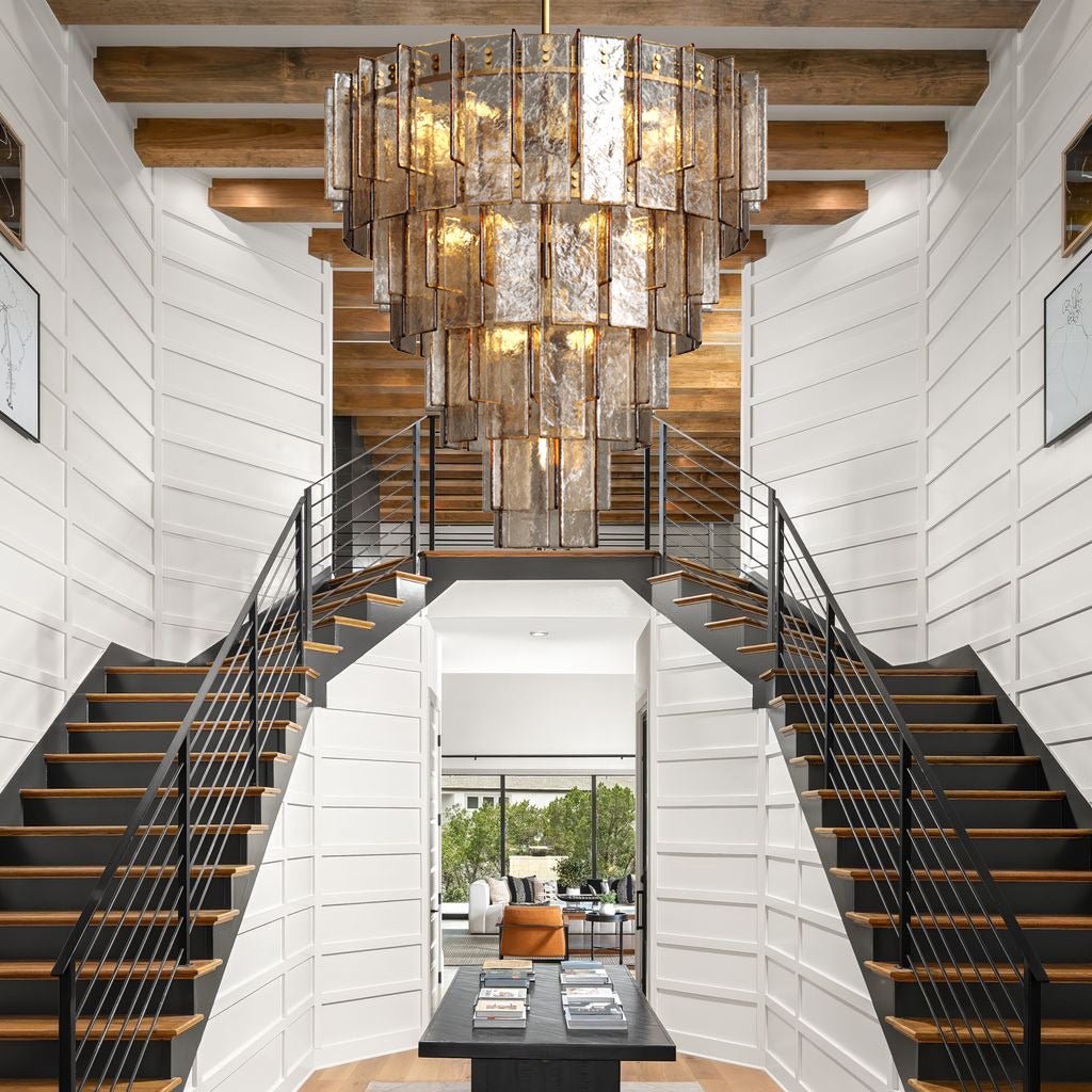 Lattica Glass Tiered Gold Chandelier for Foyer, Living Room, Entryway - lampmodern