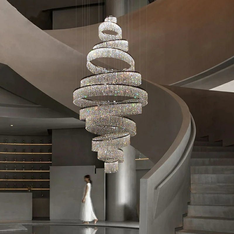 Long Crystal Tassel Rings Chandelier Extra Large Living Room Staircase High Ceiling Lighting Fixture - lampmodern