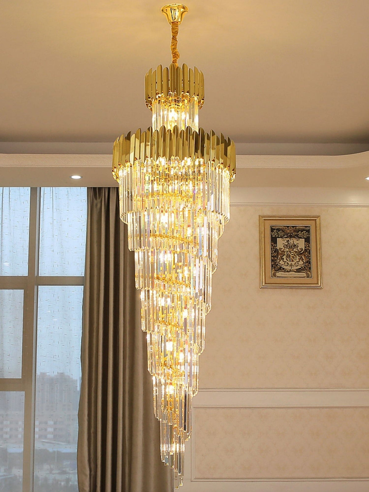 Luxury Gold Trimmed Long Crystal Chandelier Foyer Staircase Extra Large Ceiling Light Fixture - lampmodern