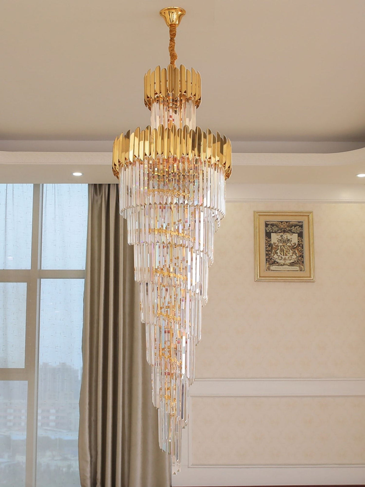 Luxury Gold Trimmed Long Crystal Chandelier Foyer Staircase Extra Large Ceiling Light Fixture - lampmodern