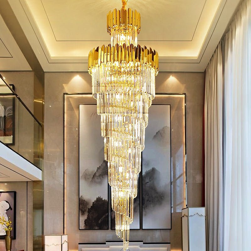 Luxury Gold Trimmed Long Crystal Chandelier Foyer Staircase Extra Large Ceiling Light Fixture - lampmodern