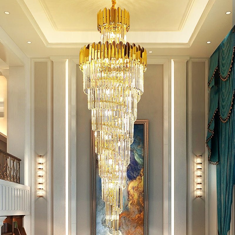 Luxury Gold Trimmed Long Crystal Chandelier Foyer Staircase Extra Large Ceiling Light Fixture - lampmodern