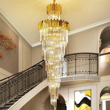Luxury Gold Trimmed Long Crystal Chandelier Foyer Staircase Extra Large Ceiling Light Fixture - lampmodern