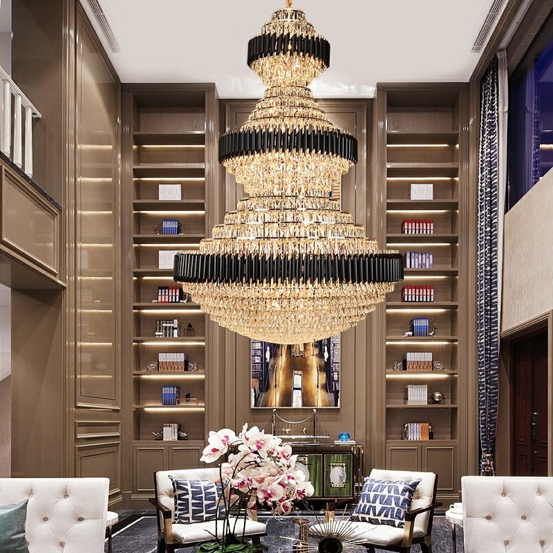 Modern Black Iron Crystal Chandelier For Foyer Staircase Luxurious Design Ceiling Light Fixture - lampmodern
