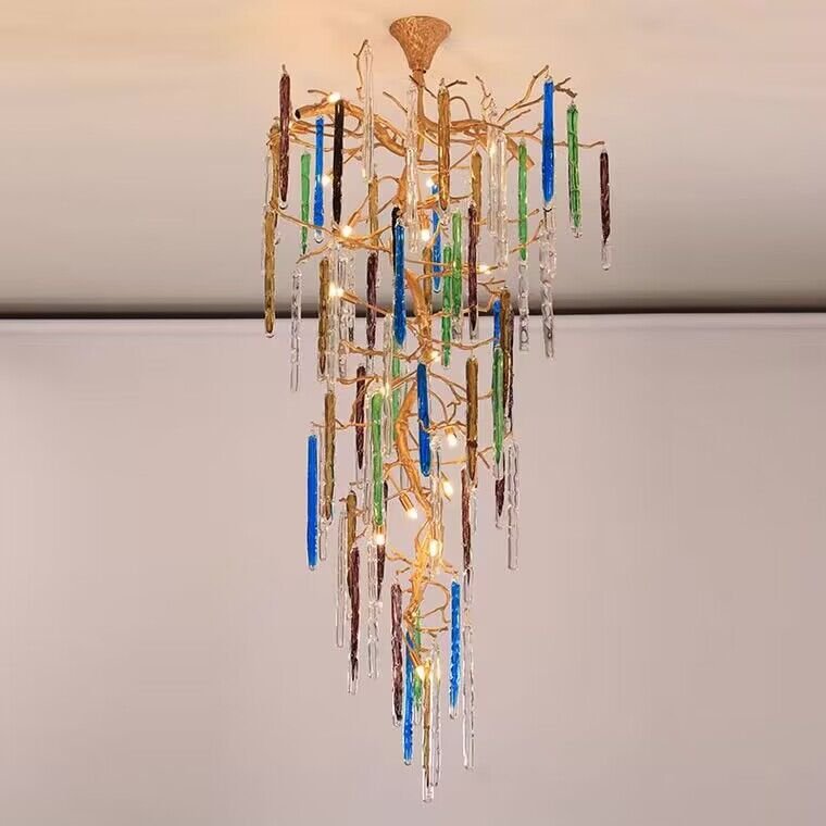 Modern Light Luxury Brass Branches Colored Glass Column Chandelier for Staircase/Living Room/High - ceiling Space - lampmodern