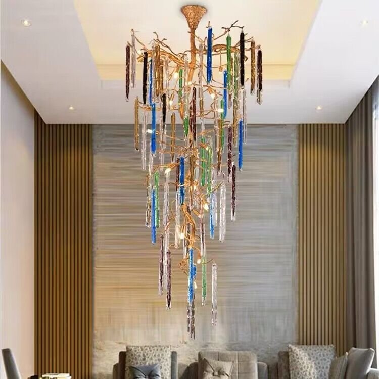 Modern Light Luxury Brass Branches Colored Glass Column Chandelier for Staircase/Living Room/High - ceiling Space - lampmodern
