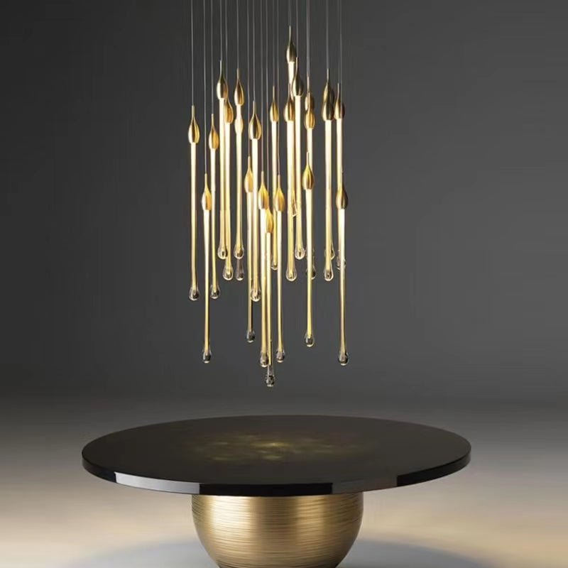 Modern Long Gold Glass Raindrop Rod Pendant Light for Staircase/High - ceiling room - lampmodern