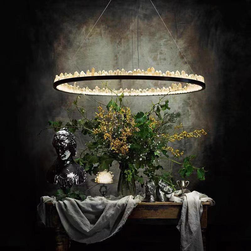 Modern Style Rings Brass & Natural Quartz Crystal Chandelier in Brass/Black Finish - 1 Tier / D23.6" * H4"BrassWarm Lightlampmodern