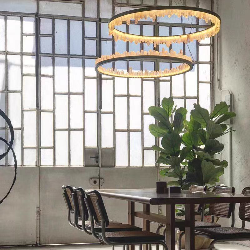 Modern Style Rings Brass & Natural Quartz Crystal Chandelier in Brass/Black Finish - 1 Tier / D23.6" * H4"BrassWarm Lightlampmodern
