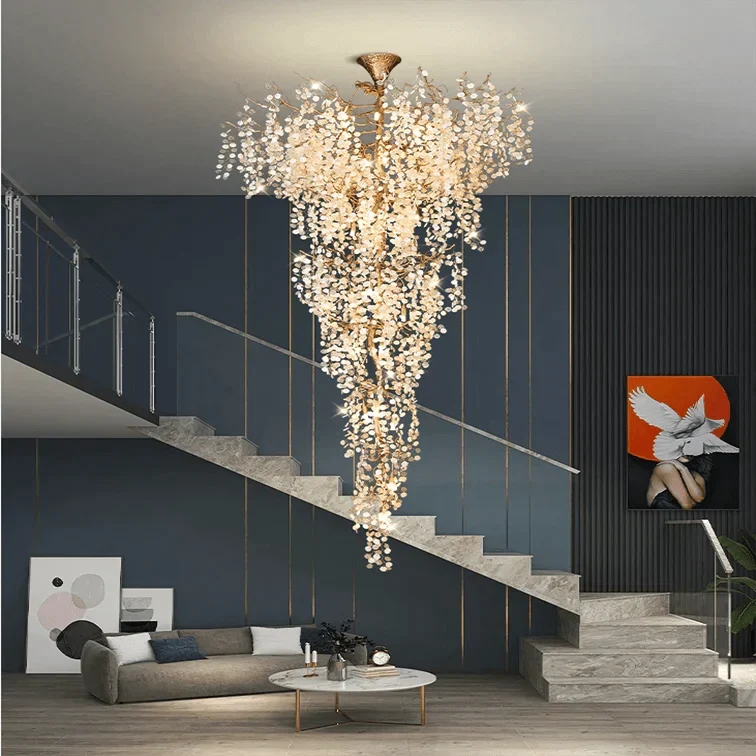 Modern Unique Artistic Flower Brass Branch Semi - flush Mount Chandelier for Living Room/ Hallway/ Entryway/ Staircase - lampmodern