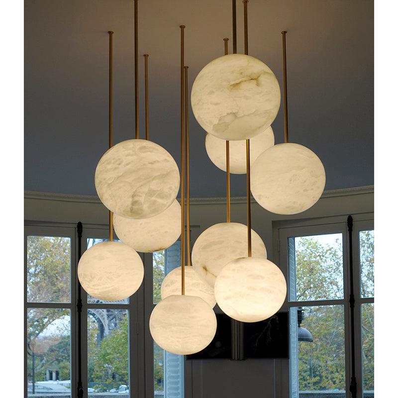 Nami Alabaster Sphere Staircase Chandelier Brass Multi Pendant Light - lampmodern