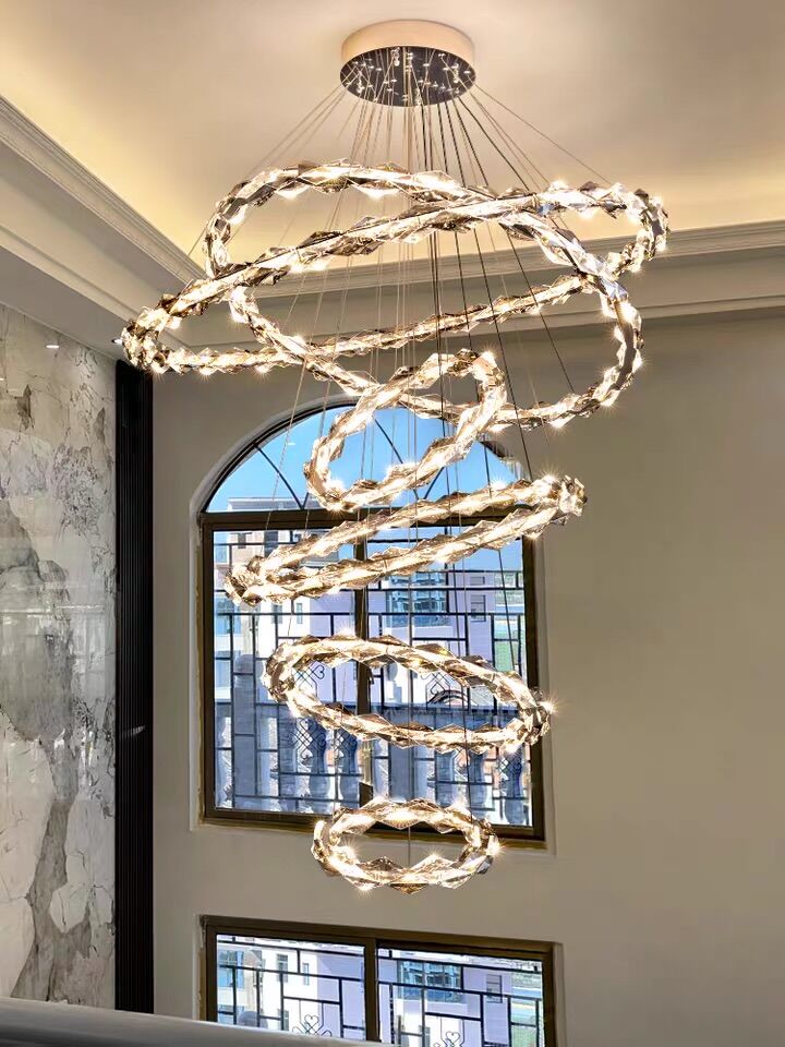 Oversized Multi - Tiered Rings Crystal Chandelier Modern Clear and Grey Crystal Ceiling Light Fixture For Staircase/Foyer/Hallway/Entryway - lampmodern