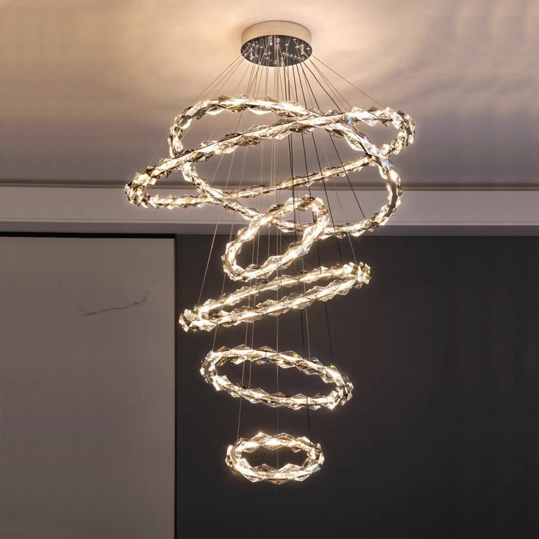 Oversized Multi - Tiered Rings Crystal Chandelier Modern Clear and Grey Crystal Ceiling Light Fixture For Staircase/Foyer/Hallway/Entryway - lampmodern