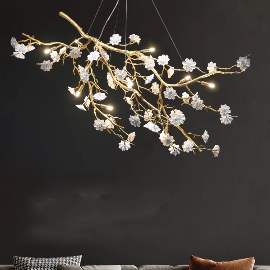 Post - Modern Art Brass and Ceramics Flower Pendant Branch Chandelier for Living/Dining Room - lampmodern