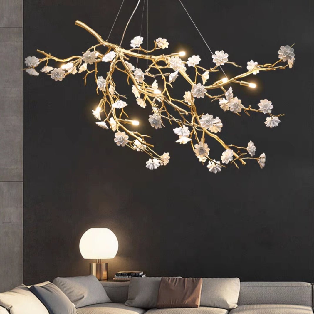 Post - Modern Art Brass and Ceramics Flower Pendant Branch Chandelier for Living/Dining Room - lampmodern