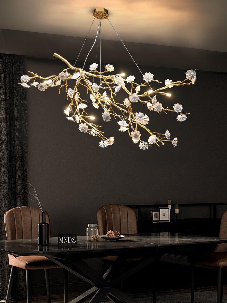 Post - Modern Art Brass and Ceramics Flower Pendant Branch Chandelier for Living/Dining Room - lampmodern