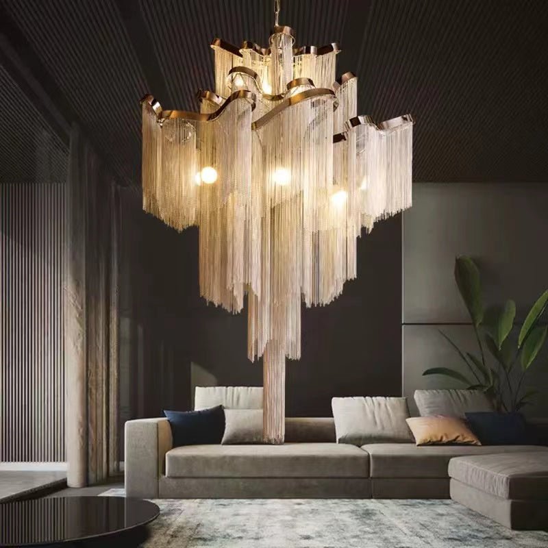 Post - Modern Extra Large Stainless Steel Long Tassel Chandelier for Large Living Room / Staircase / Villa / Duplexes - lampmodern