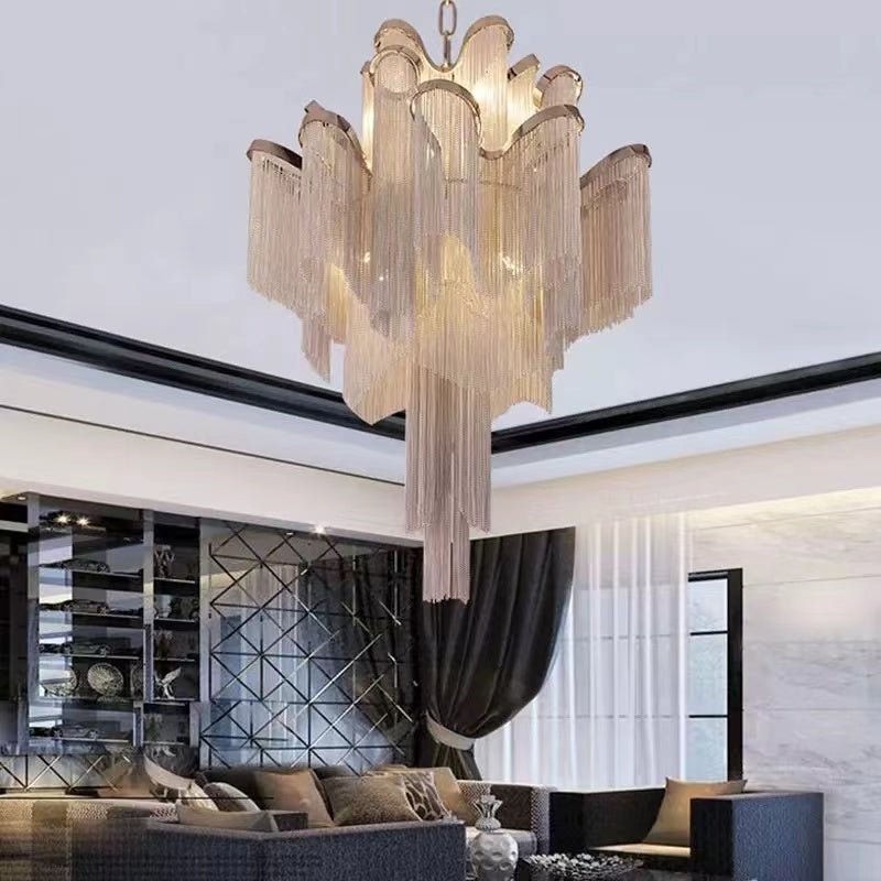 Post - Modern Extra Large Stainless Steel Long Tassel Chandelier for Large Living Room / Staircase / Villa / Duplexes - lampmodern