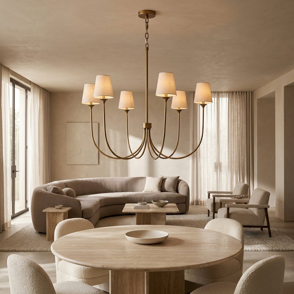 Saige 6 - Light Curved Arm Chandelier with Linen Shades - lampmodern