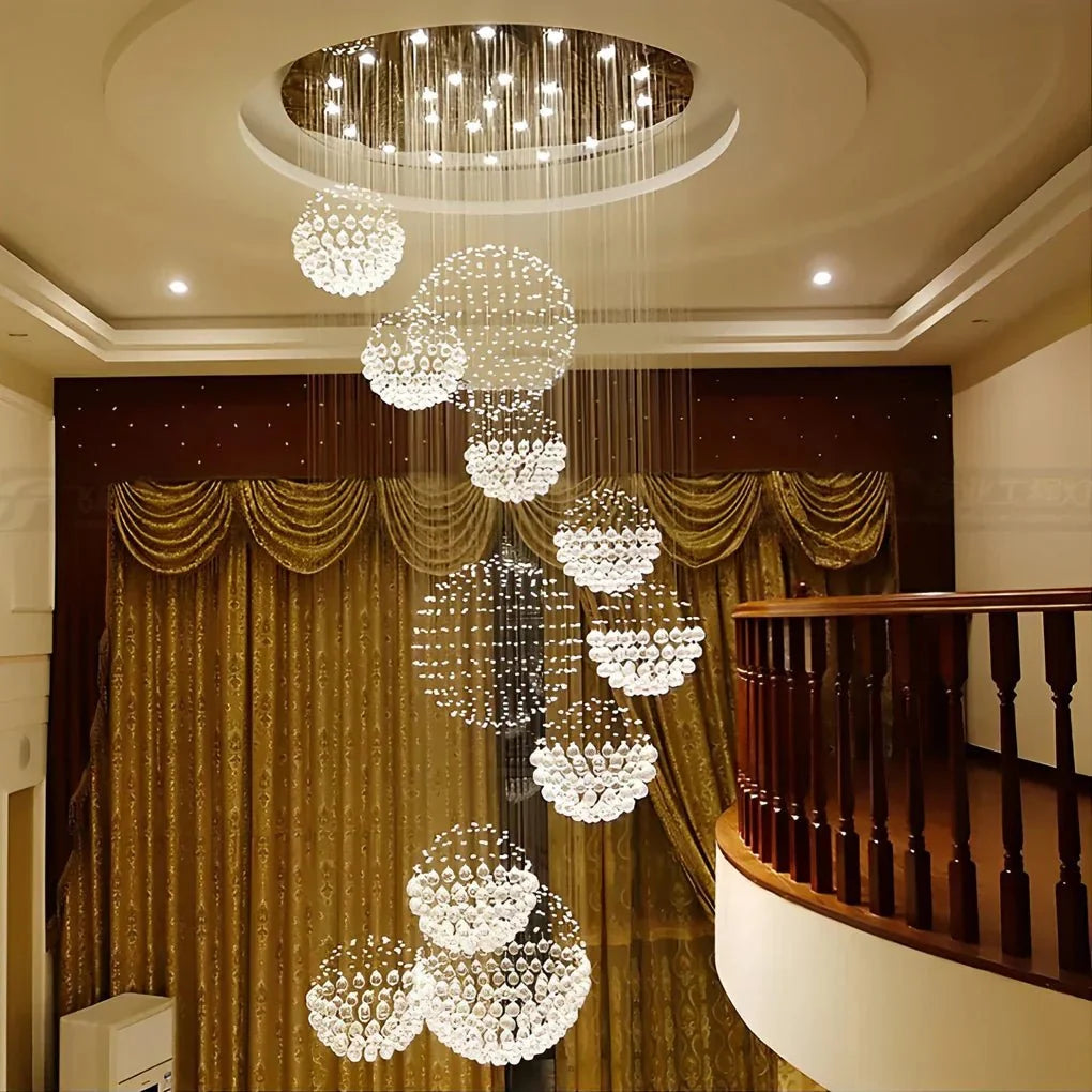 Spiral Raindrop Crystal Ball Three Step Dimming LED Staircase Chandelier - lampmodern