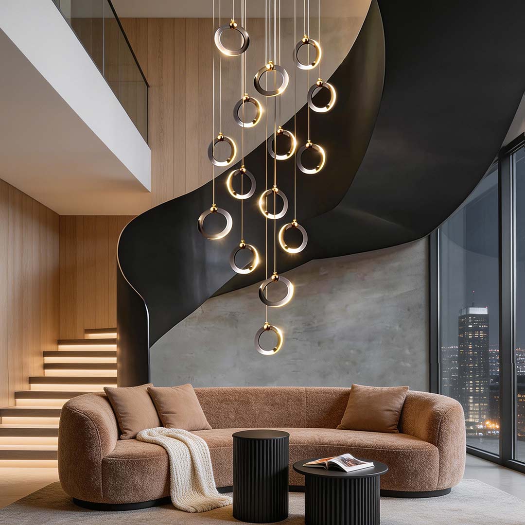 Staircase Lighting Chandelier LED Ring Cluster Rotating Ceiling Light - lampmodern