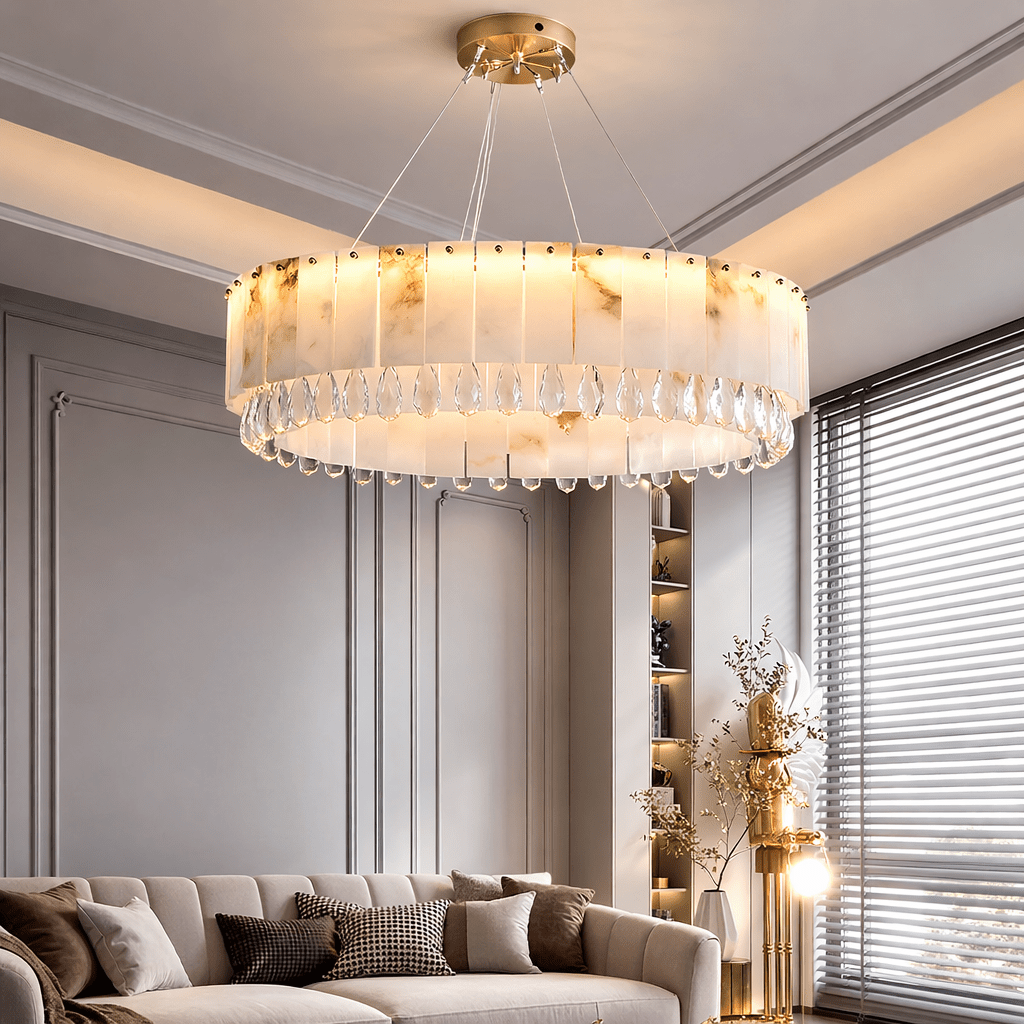 Stuart 31" Modern Marble & Crystal Round Chandelier - lampmodern