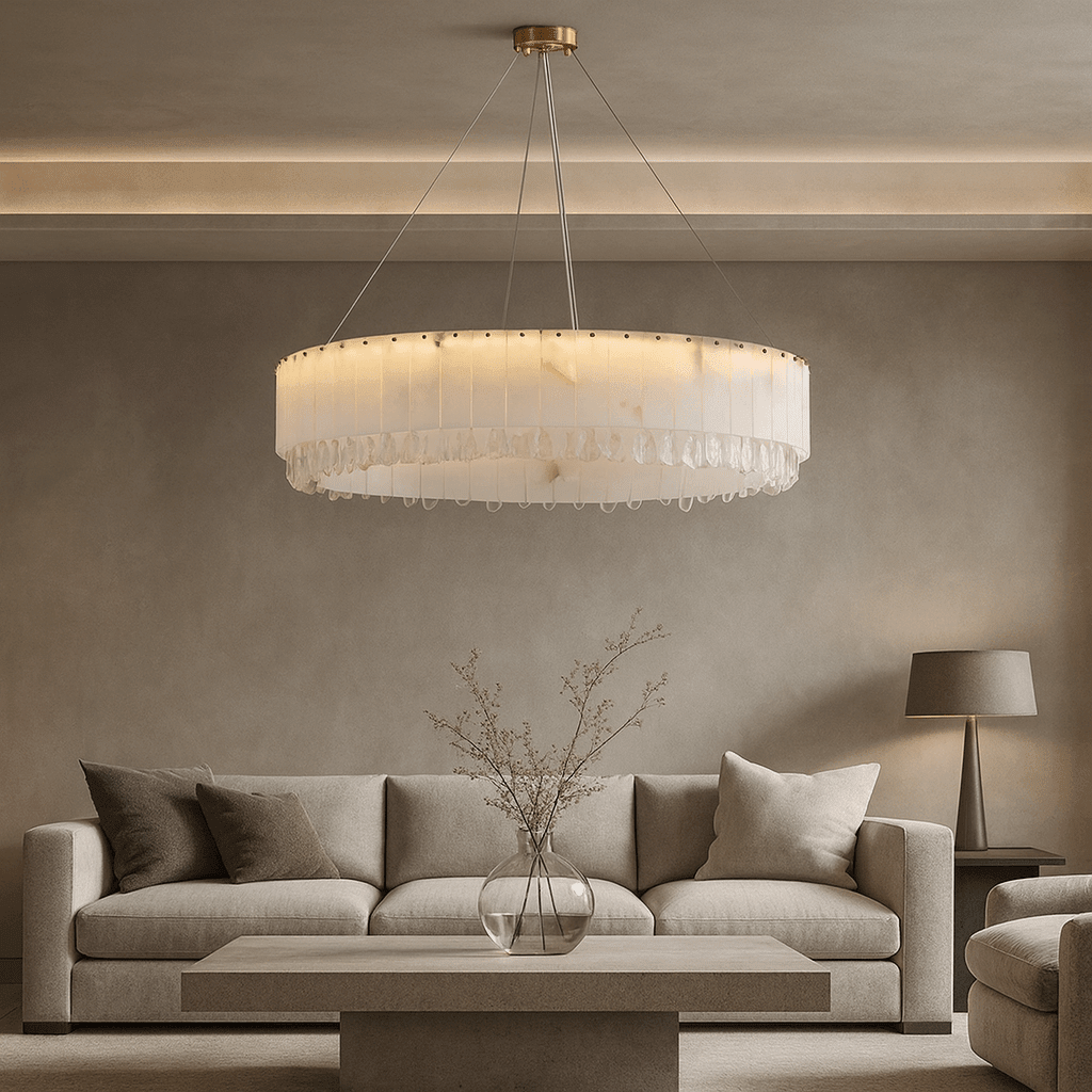 Stuart 39" Marble & Crystal Round Chandelier - lampmodern