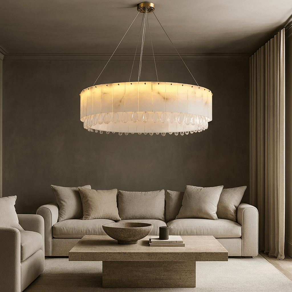 Stuart 39" Marble & Crystal Round Chandelier - lampmodern