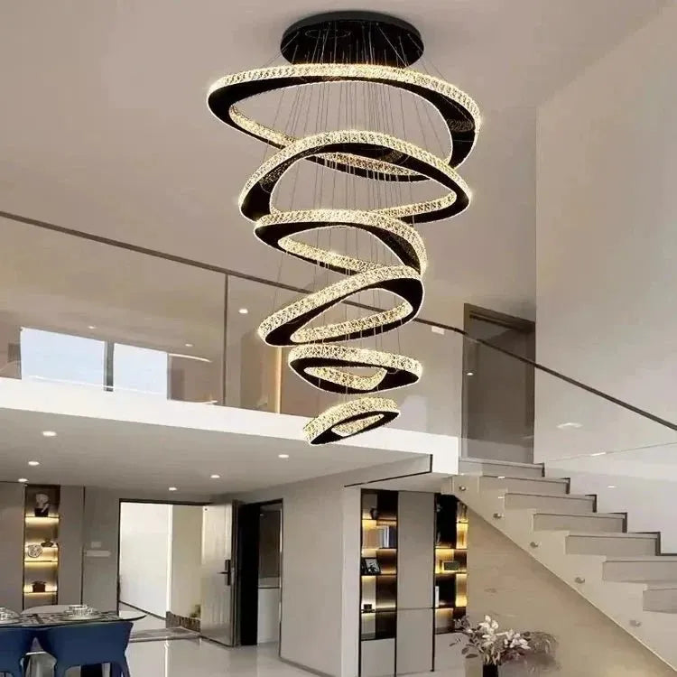 Twisted Ring Led Light Chandelier for High Ceiling - BlackWarm Light 3000Klampmodern