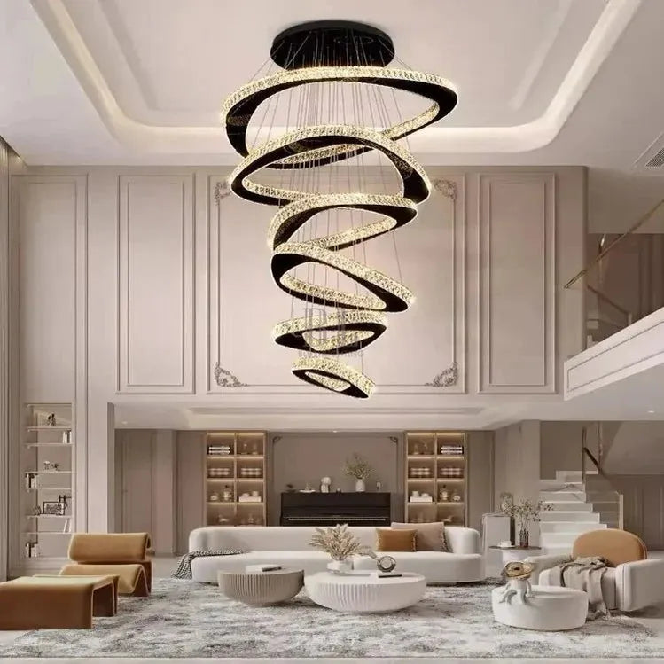 Twisted Ring Led Light Chandelier for High Ceiling - BlackWarm Light 3000Klampmodern