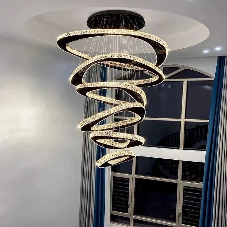 Twisted Ring Led Light Chandelier for High Ceiling - BlackWarm Light 3000Klampmodern