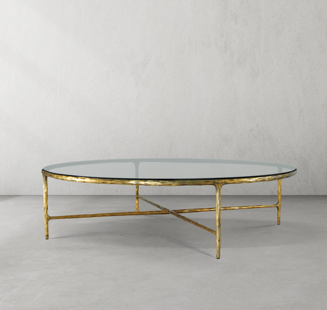 Thaddeus Forged Iron Glass Round Coffee Table 36" 55" - Lamp Modern