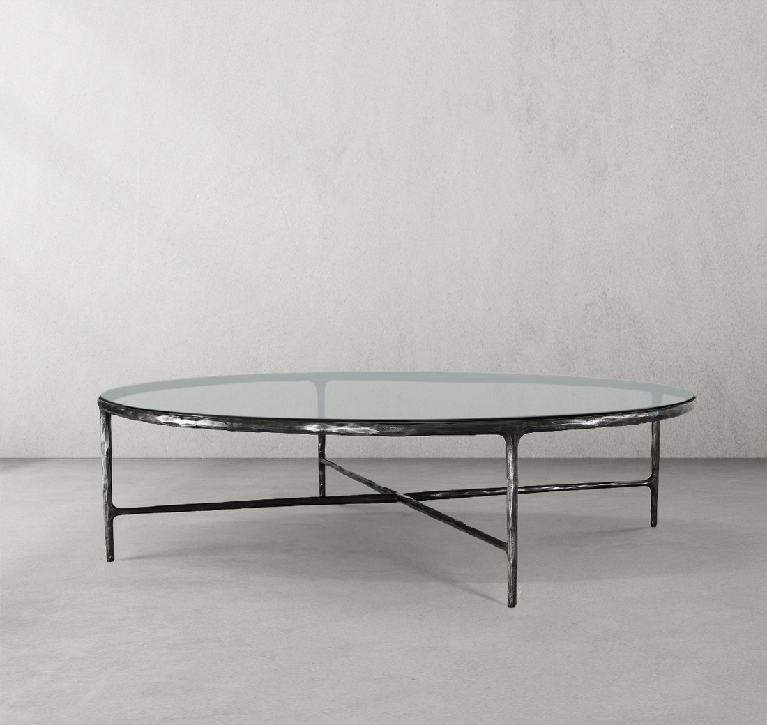 Thaddeus Forged Iron Glass Round Coffee Table 36" 55" - Lamp Modern