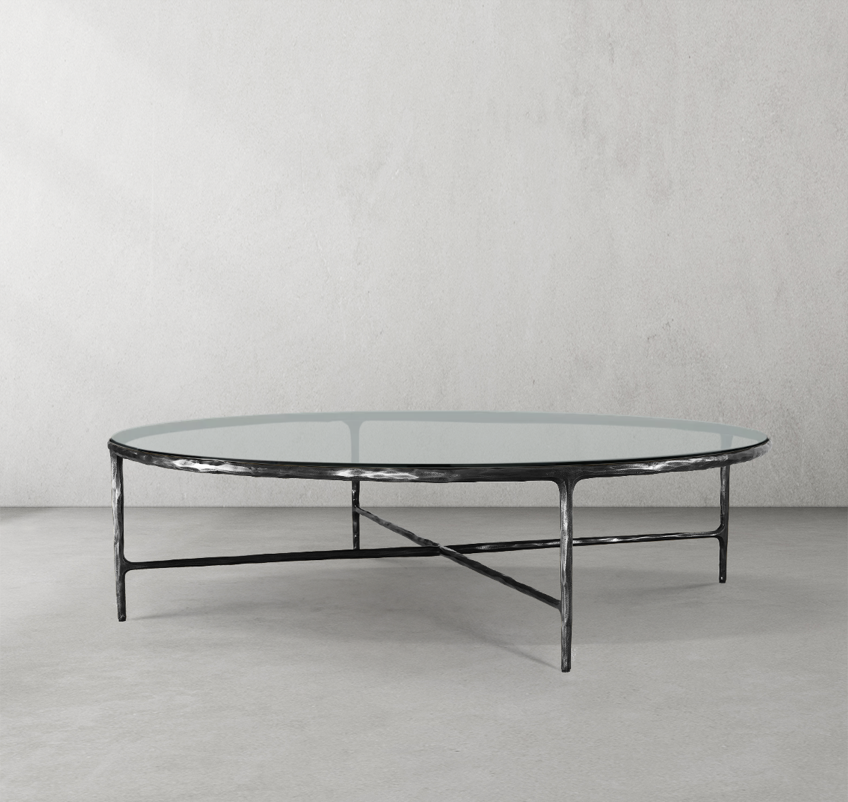 Thaddeus Forged Iron Glass Round Coffee Table 36" 55" - Lamp Modern