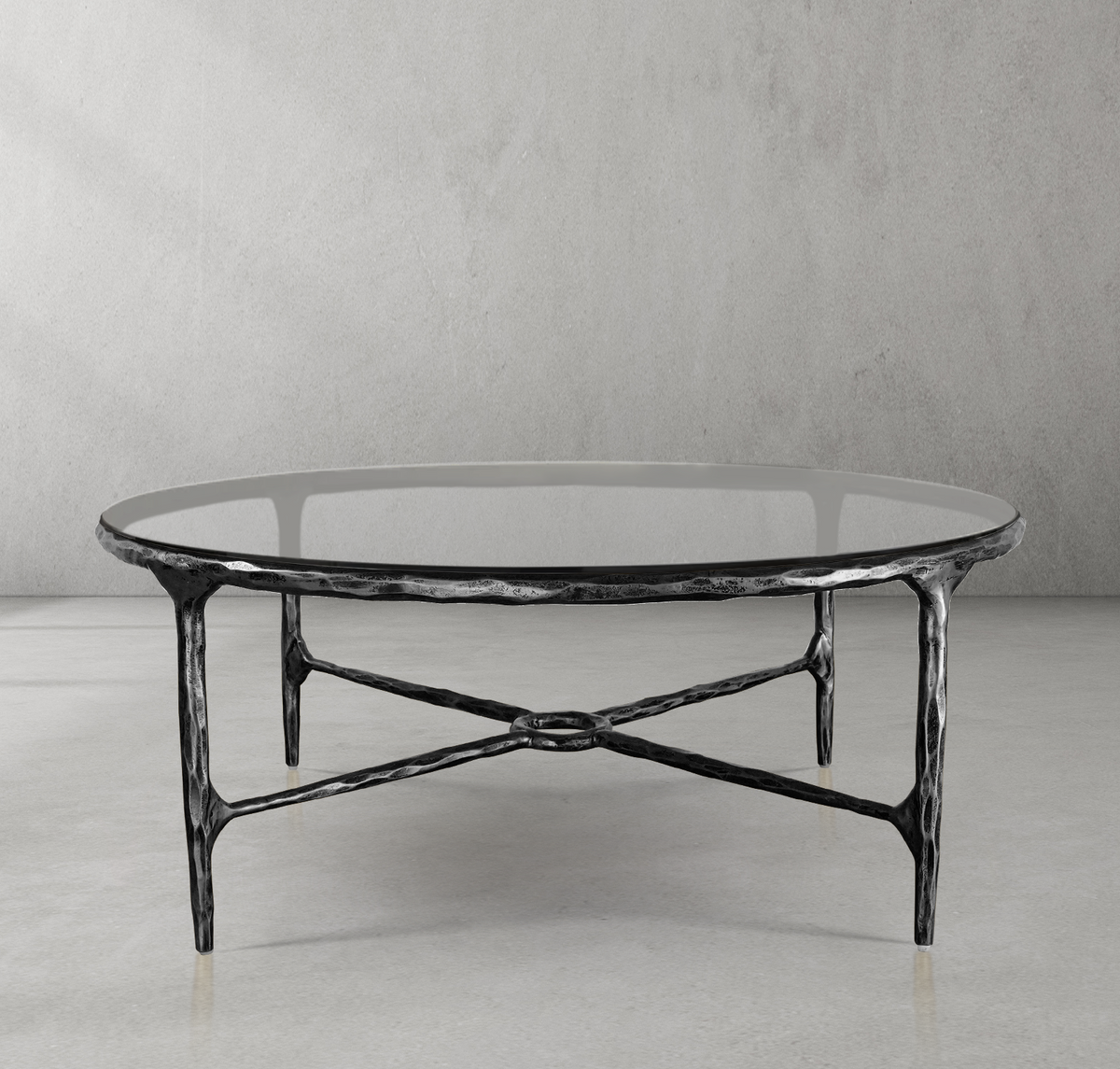Thaddeus Forged Iron Glass Round Coffee Table 36" 55" - Lamp Modern